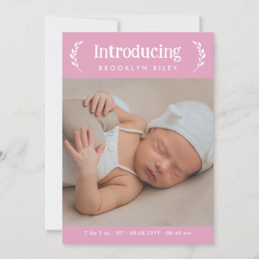 Roze groen introduceren nieuwe baby meisje foto aankondiging (Voorkant)