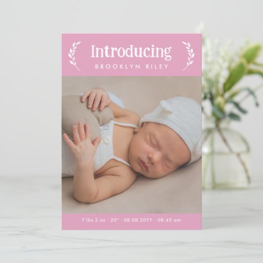 Roze groen introduceren nieuwe baby meisje foto aankondiging (Staand voorkant)