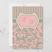 Roze, groen, Khaki Striped Damask Wedding Invite Kaart (Voorkant)