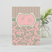 Roze, groen, Khaki Striped Damask Wedding Invite Kaart (Staand voorkant)
