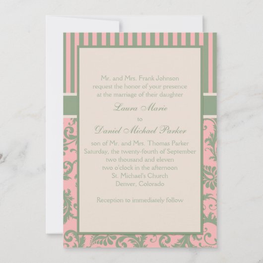 Roze, groen, Khaki Striped Damask Wedding Invite Kaart (Achterkant)