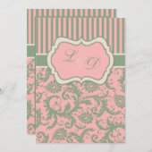 Roze, groen, Khaki Striped Damask Wedding Invite Kaart (Voorkant / Achterkant)