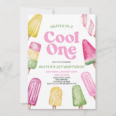 Roze Groen Koel Een Popsicle 1e Verjaardagsfeest Kaart (Voorkant)