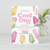 Roze Groen Koel Een Popsicle 1e Verjaardagsfeest Kaart (Staand voorkant)