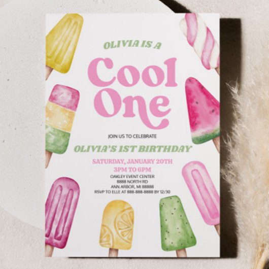 Roze Groen Koel Een Popsicle 1e Verjaardagsfeest Kaart