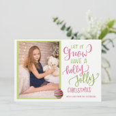 Roze groen laat het sneeuwschrift kerstfoto feestdagenkaart (Staand voorkant)
