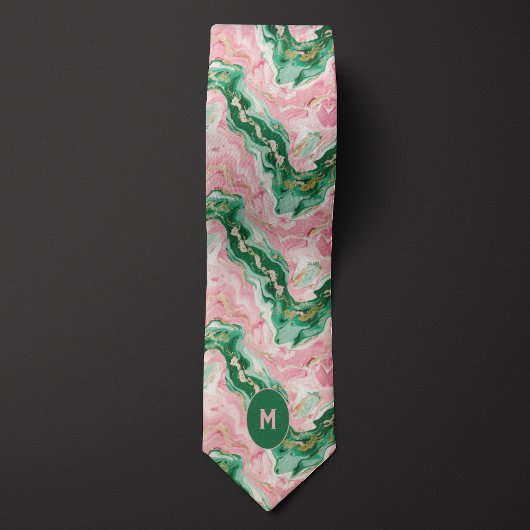 Roze & Groen Marmered Monogram Stropdas