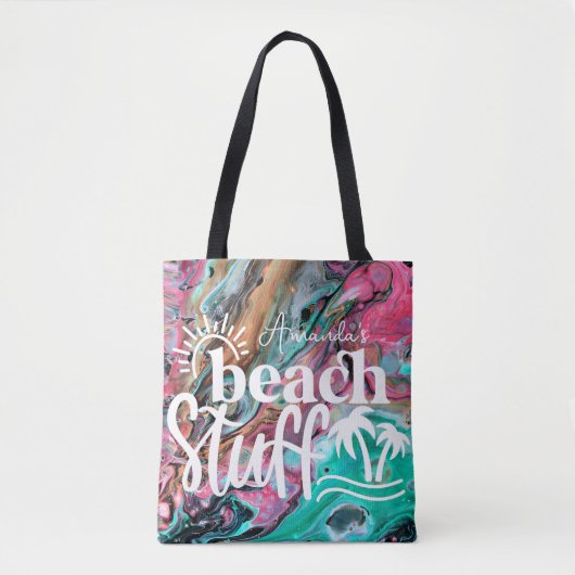 Roze & Groen marmeren strand spullen gepersonalise Tote Bag (Voorkant)