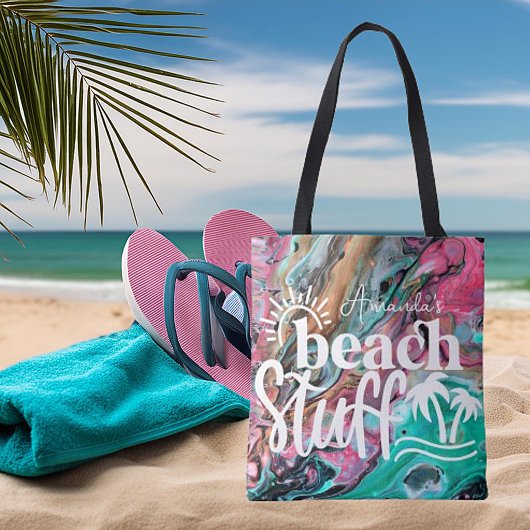 Roze & Groen marmeren strand spullen gepersonalise Tote Bag