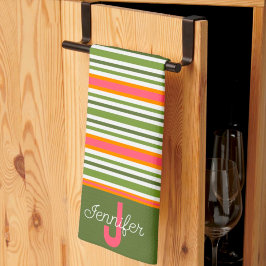 Roze Groen Modern Stripe Stijlvol Initiaal Achtern Theedoek
