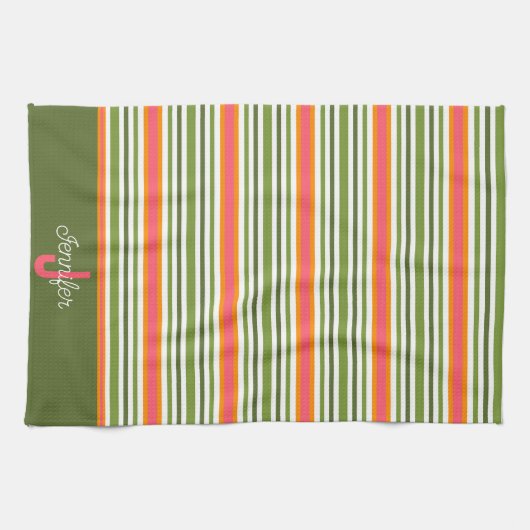 Roze Groen Modern Stripe Stijlvol Initiaal Achtern Theedoek (Horizontaal)
