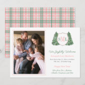 Roze Groen Monogram Gelukkig Nieuwjaar Baby Meisje Aankondiging (Voorkant / Achterkant)