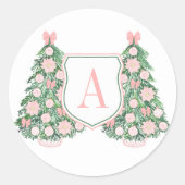 Roze Groen Monogram Kerstboom Envelop Seal Ronde Sticker (Voorkant)