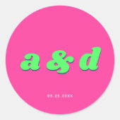 Roze & Groen Monogram verlovingsfeest bruiloft Ronde Sticker (Voorkant)