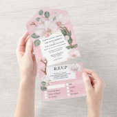 Roze groen oerwoud orchidee waterverf bruiloft all in one uitnodiging (Afscheurbaar)