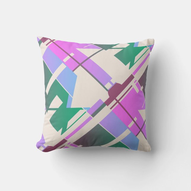 Roze Groen op Beige Diagonal Abstracte Kunst MCM L Kussen (Voorkant)