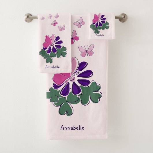 Roze Groen Paars Bloem Vlinder Doodle Naam Bad Handdoek (Insitu)