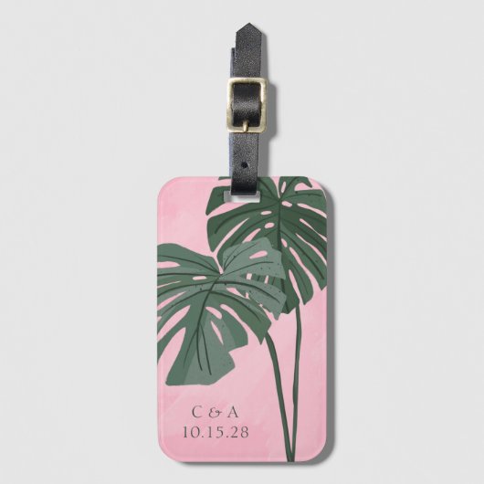 Roze Groen Palmblad Gepersonaliseerde Bruiloft Ini Bagagelabel (Voorkant (verticaal))