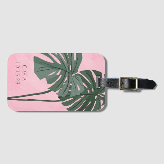 Roze Groen Palmblad Gepersonaliseerde Bruiloft Ini Bagagelabel (Voorkant (horizontaal))