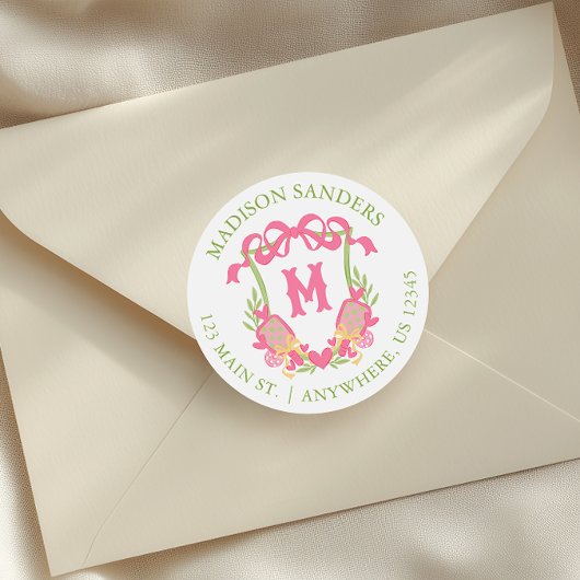 Roze & Groen Pickleball Monogram Crest Adres Ronde Sticker
