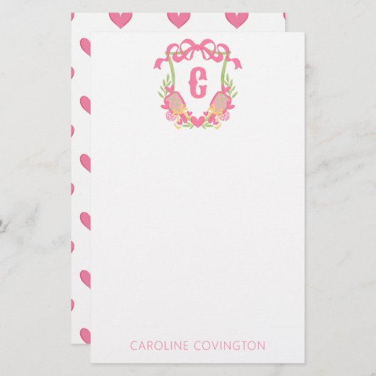 Roze & Groen Pickleball Paddle Monogram Crest Briefpapier (Voorkant / Achterkant)