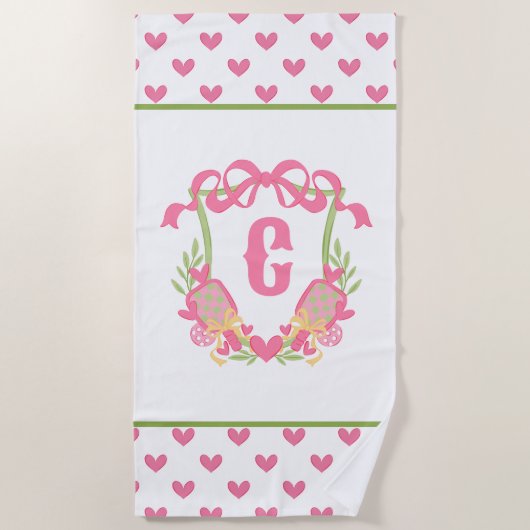 Roze & Groen Pickleball Paddle Monogram Crest Strandlaken (Voorkant)