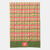 Roze Groen Plaid Chic Monogram Initiaal Theedoek (Verticaal)
