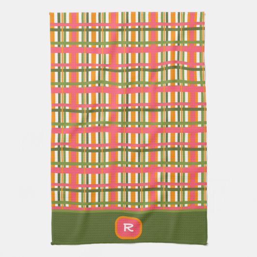 Roze Groen Plaid Chic Monogram Initiaal Theedoek (Verticaal)