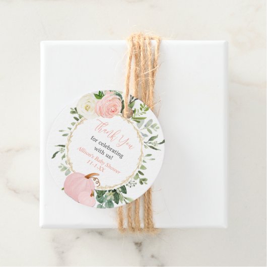 Roze groen pompoenen elegante herfst baby shower bedankjes labels (In situ)