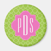 Roze + Groen Quatrefoil Monogram Magneet (Voorkant)