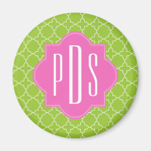 Roze + Groen Quatrefoil Monogram Magneet