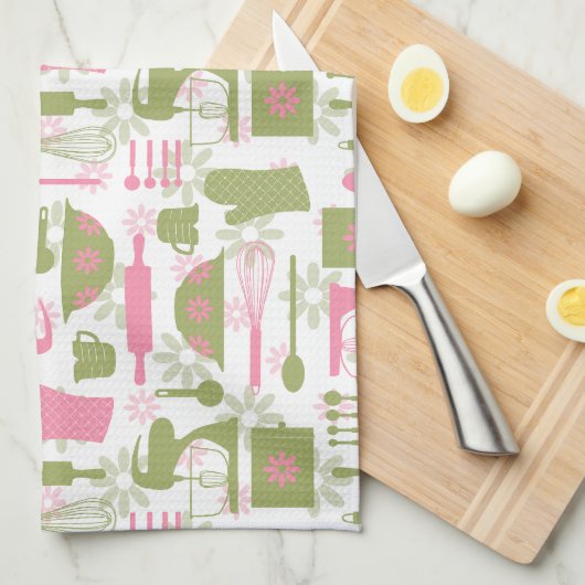 Roze Groen Retro Bakken Theedoek (Quarter Fold)
