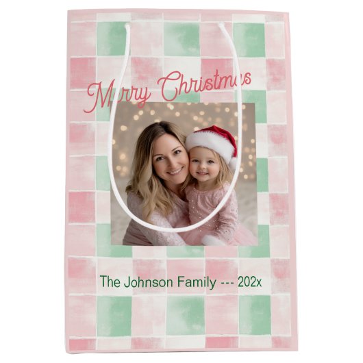 Roze Groen Retro Foto Kerst Medium Cadeauzakje (Voorkant)