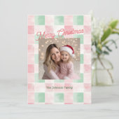 Roze Groen Retro Patroon Foto Kerst Kaart (Staand voorkant)
