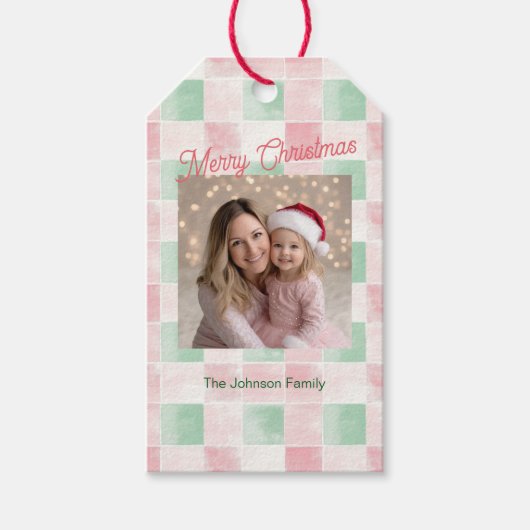 Roze Groen Retro Patroon Foto Kerstmis Cadeaulabel (Voorkant)