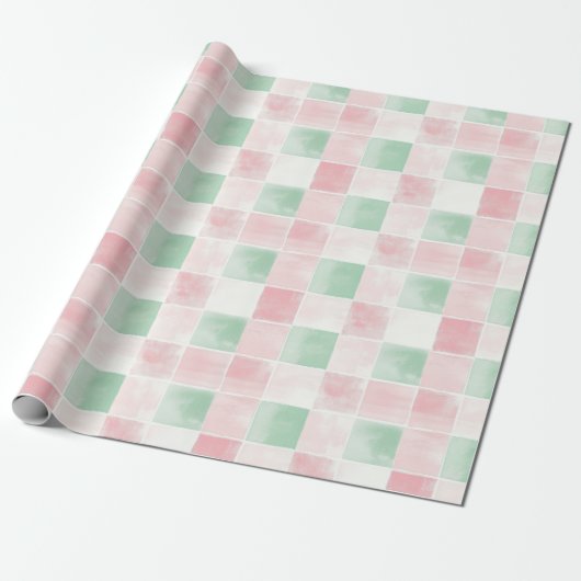 Roze Groen Retro Patroon Kerstmis Cadeaupapier (Uitgerold)