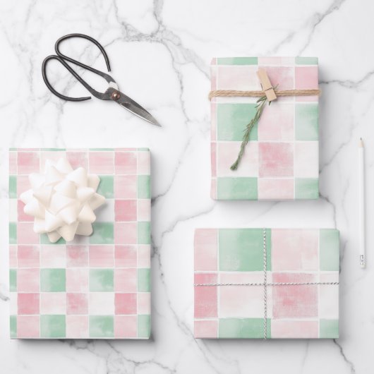 Roze Groen Retro Patroon Kerstmis Inpakpapier Vel (Voorkant)