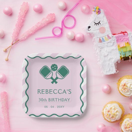 Roze Groen Retro Pickleball 30e verjaardag Papieren Bordje (Feest)