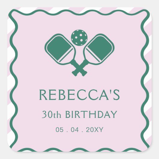 Roze Groen Retro Pickleball 30e verjaardag Vierkante Sticker (Voorkant)