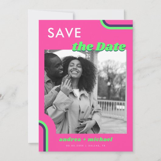 Roze & Groen Retro Regenboog Huwelijk Save The Date (Voorkant)