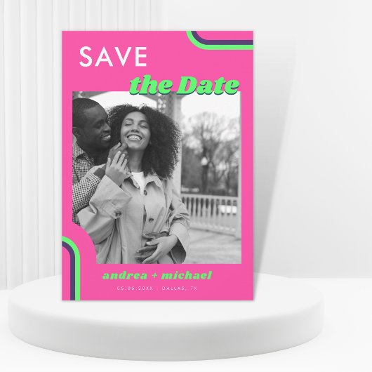 Roze & Groen Retro Regenboog Huwelijk Save The Date