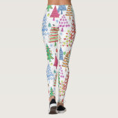 Roze groen rood blauw patroon met rode kerstbomen leggings (Achterkant)