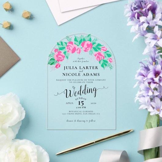 Roze Groen Roos bloemblaadjes bloementuin bruiloft Acryl Uitnodigingen (Insitu (Huwelijk))