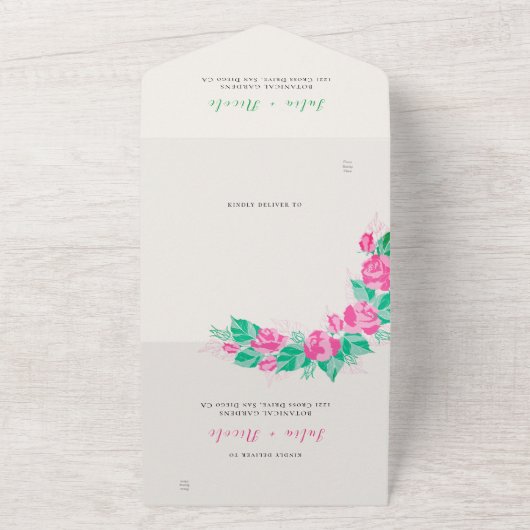 Roze Groen Roos bloemblaadjes bloementuin bruiloft All In One Uitnodiging (Buitenkant)