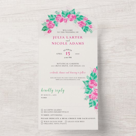Roze Groen Roos bloemblaadjes bloementuin bruiloft All In One Uitnodiging (Binnen)