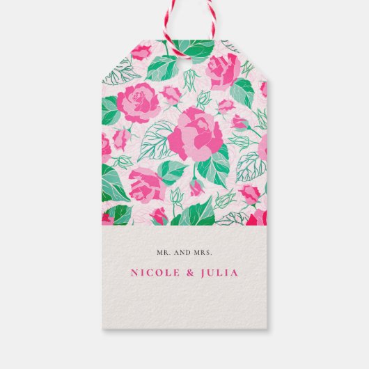 Roze Groen Roos bloemblaadjes bloementuin bruiloft Cadeaulabel (Achterkant)