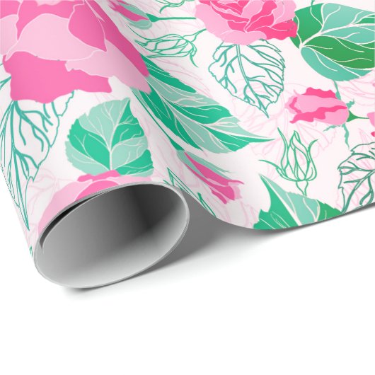 Roze Groen Roos bloemblaadjes bloementuin bruiloft Cadeaupapier (Rol Hoek)