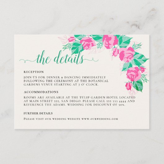 Roze Groen Roos bloemblaadjes bloementuin bruiloft Informatiekaartje (Voorkant)