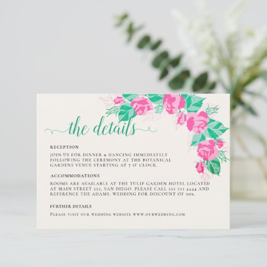 Roze Groen Roos bloemblaadjes bloementuin bruiloft Informatiekaartje (Staand voorkant)