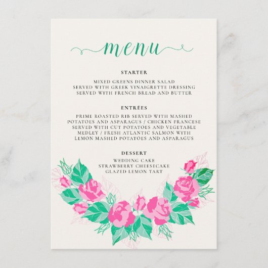 Roze Groen Roos bloemblaadjes bloementuin bruiloft Menu (Voorkant)